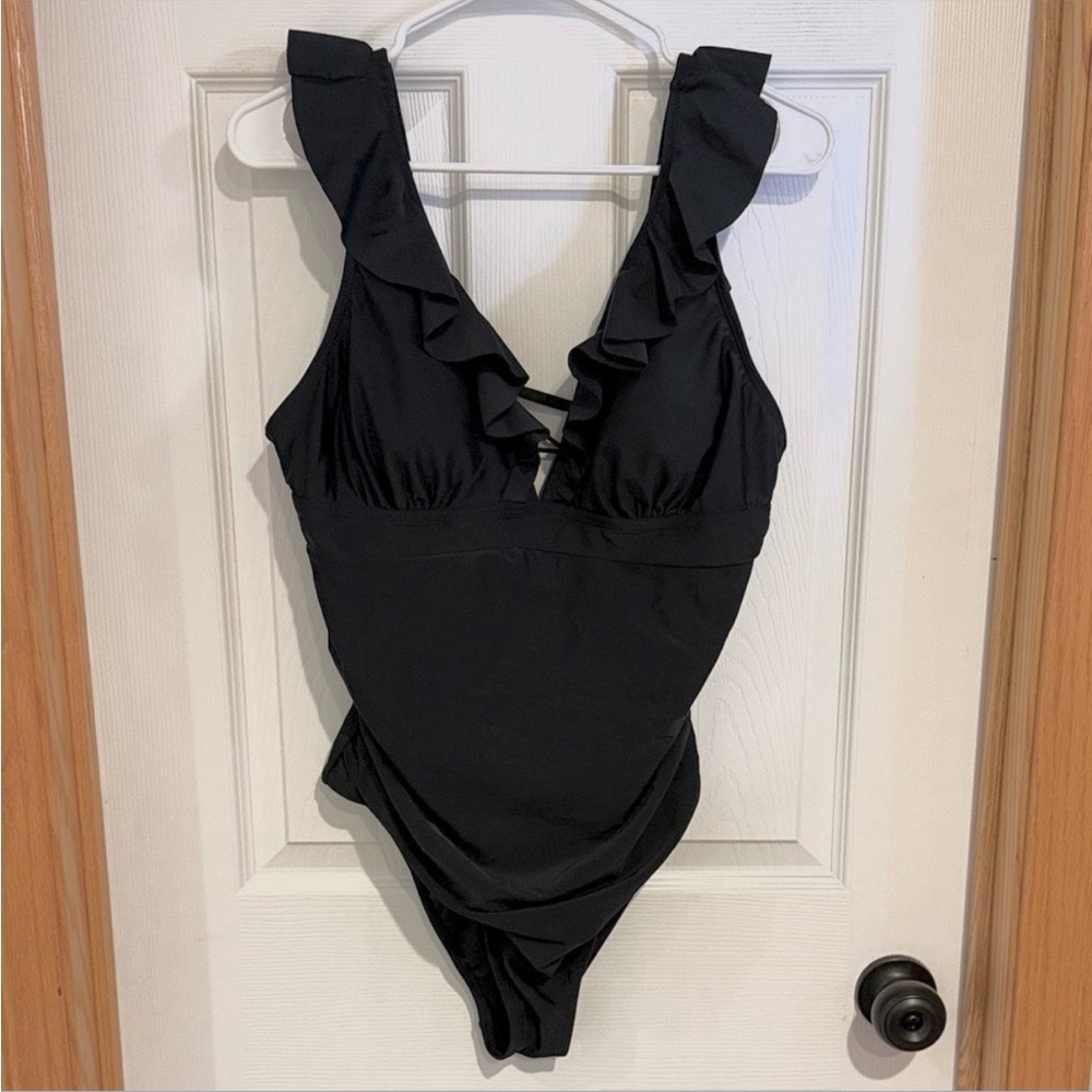 200 Cupshe Black Ruffle One Piece Swimsuit XL Lace Up Back Adjustable NWT
